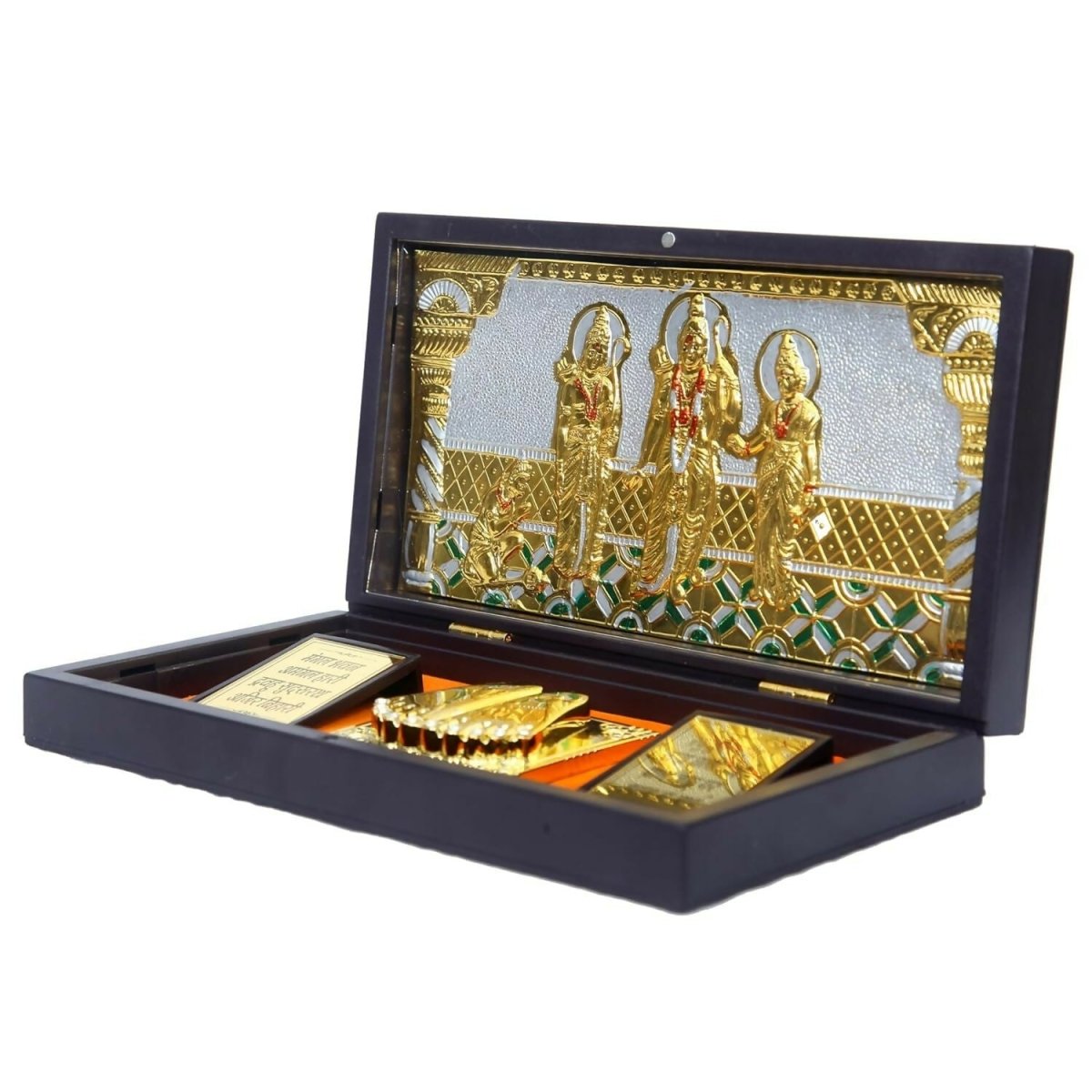 Anciently Ram Darbar Pocket Temple Box With Charan Paduka Rectangle Shaped, Gold-Polished 