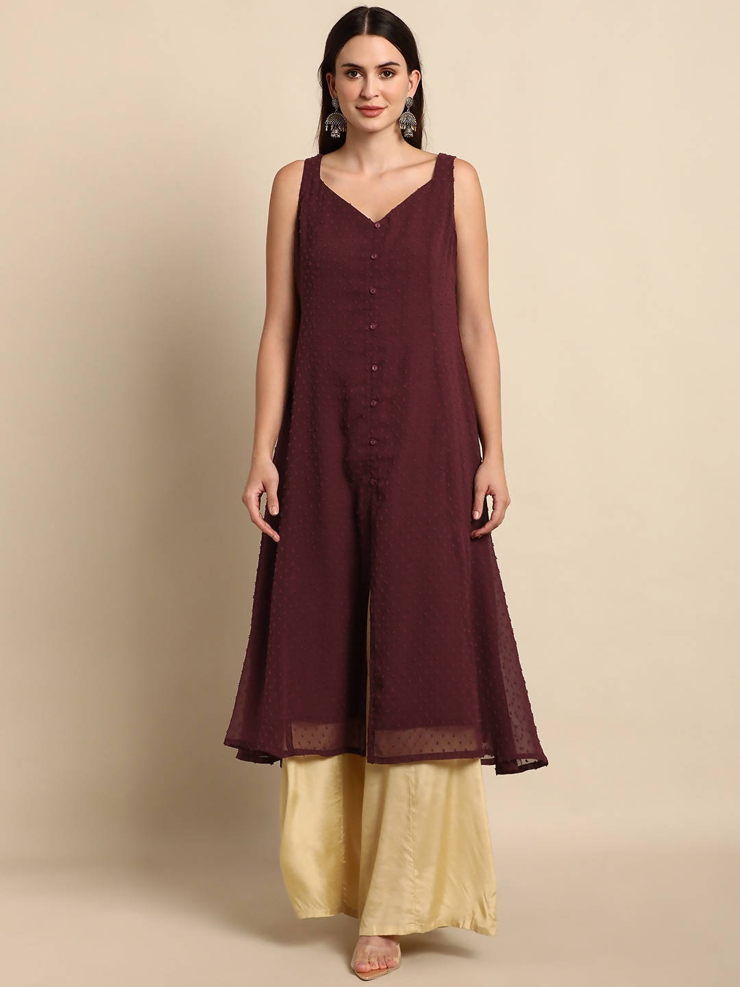 Janasya Women Maroon Poly Chiffon Dobby Weave Kurta