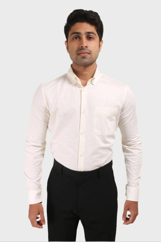 Jonesburg Off White Satin Slub Slim Fit Shirt 