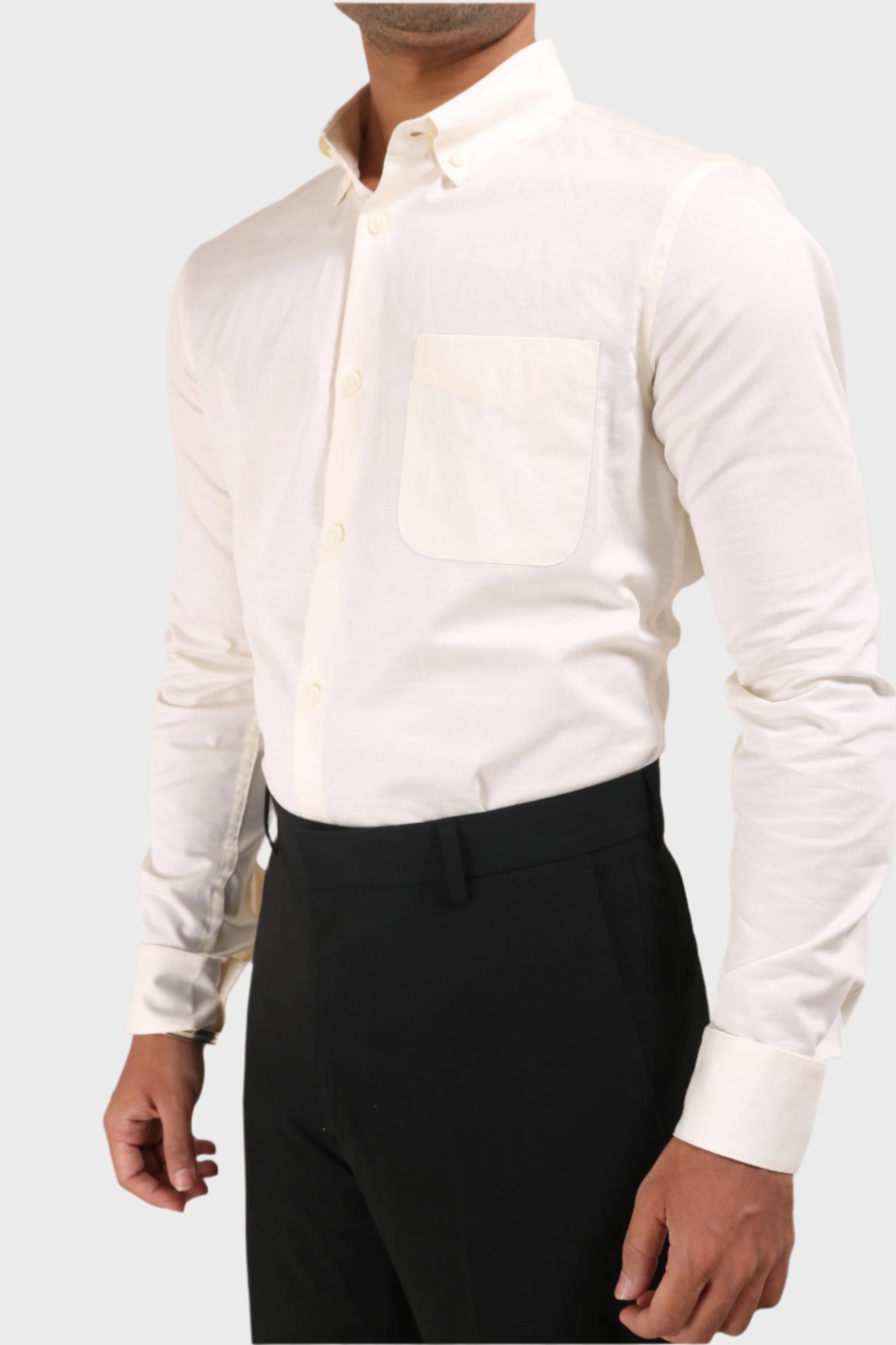 Jonesburg Off White Satin Slub Slim Fit Shirt 