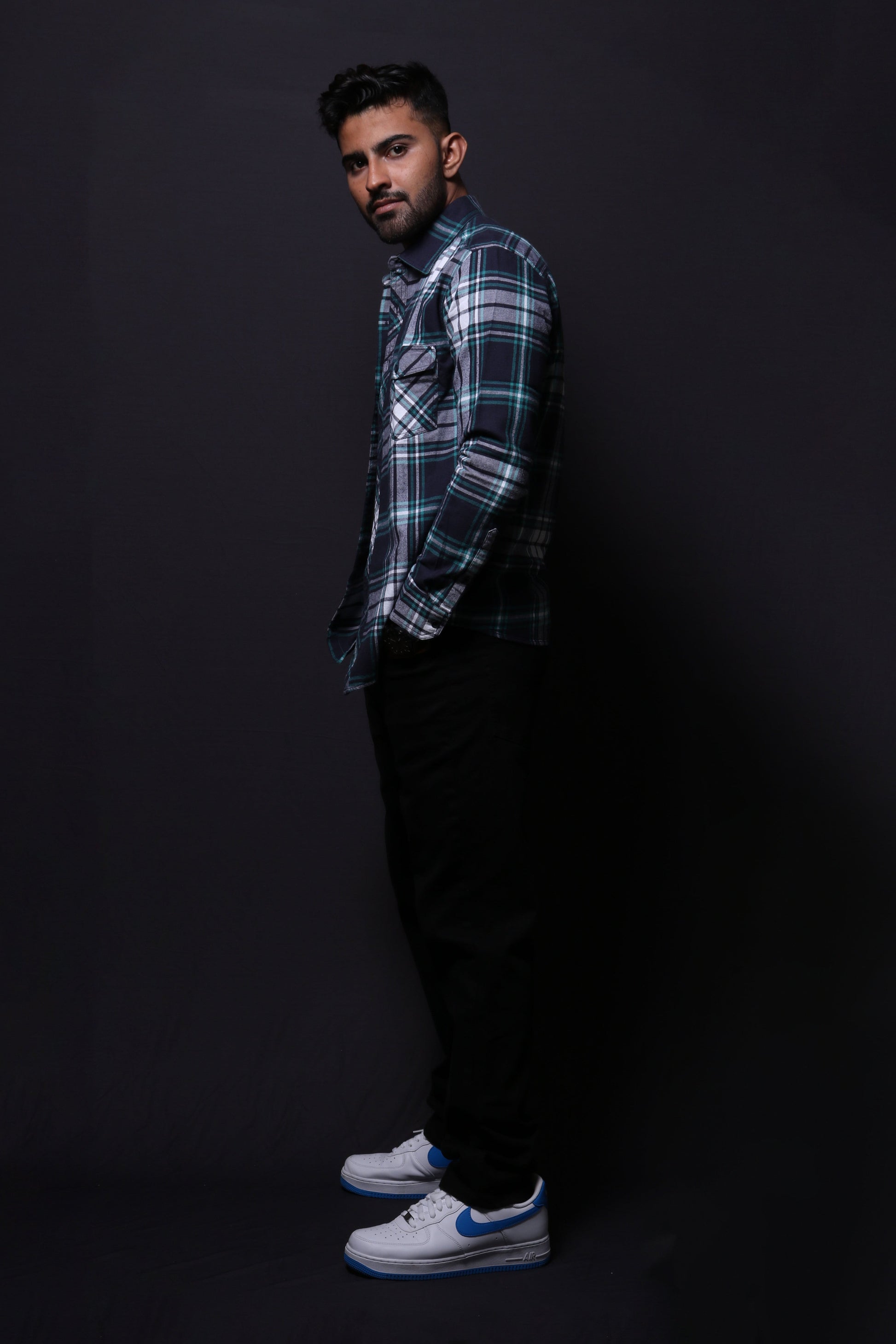 Jonesburg Navy Blue Flannel Checks Regular Fit Shirt
