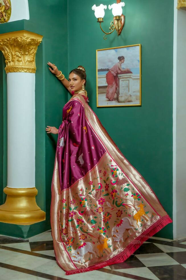 Vishnu Weaves Women's Wine Paithani Silk Zari Woven Grab2Buy with Unstitched Blouse 
