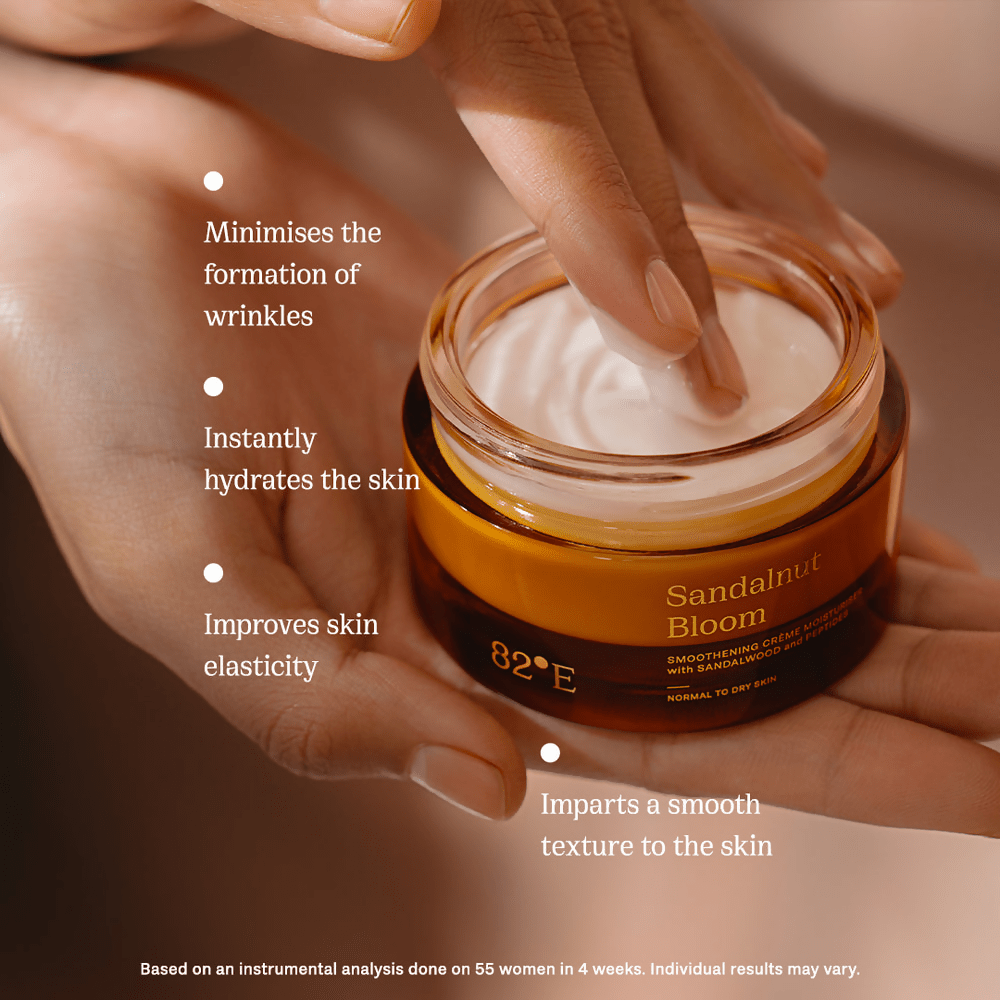 82°E By Deepika Padukone Sandalnut Bloom Smoothening crème moisturiser with sandalwood and peptides Genie India