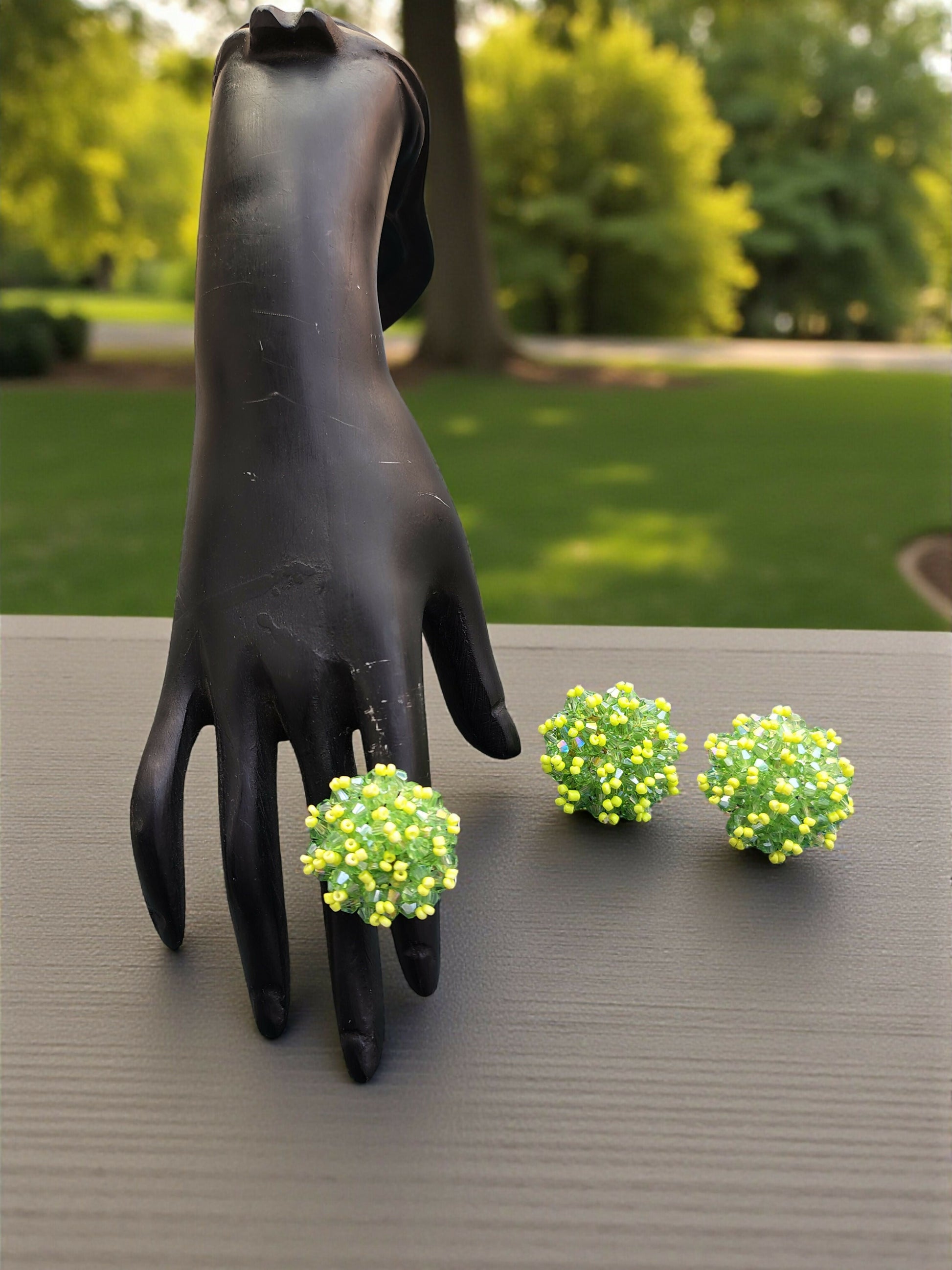 Inhanns Rangmani Crystal Duo – Adjustable Ring + Statement Earrings Set - Neon Green