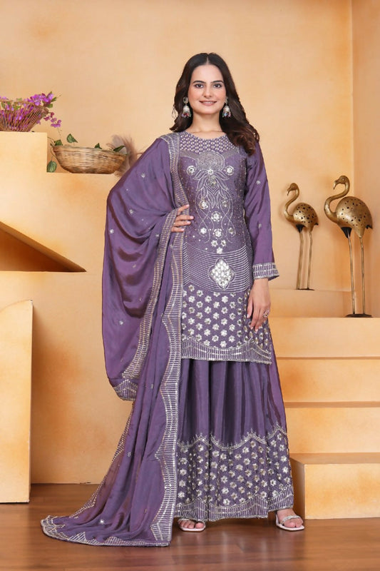Teeya Creation Lavender Chinon Embroidery Work Party Wear Palazzo Suit