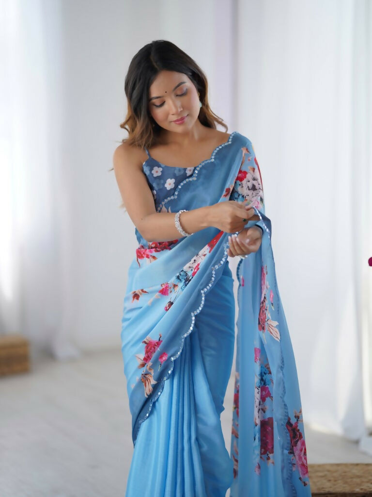 Blue Chinon Designer Digital Printed,Mirror Cut Work Saree - Elayna