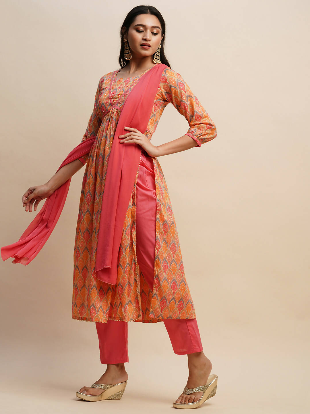 Orange Pure Cotton Bandhani Printed Naira Cut Kurta And Bottom With Dupatta - Akashara