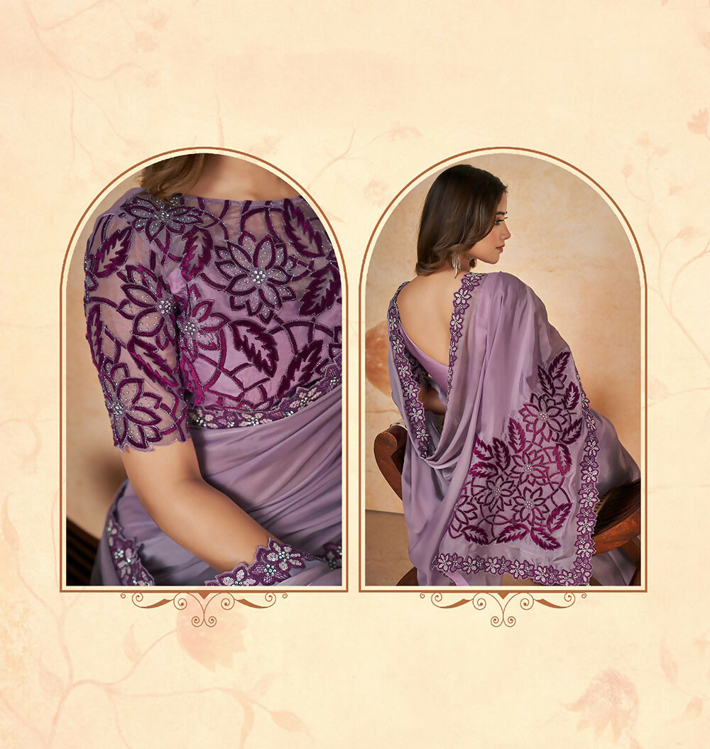 Purple Crepe Satin Silk Sequence & Cord Embroidered with Stone Work Saree - Mohmanthan Dakshika