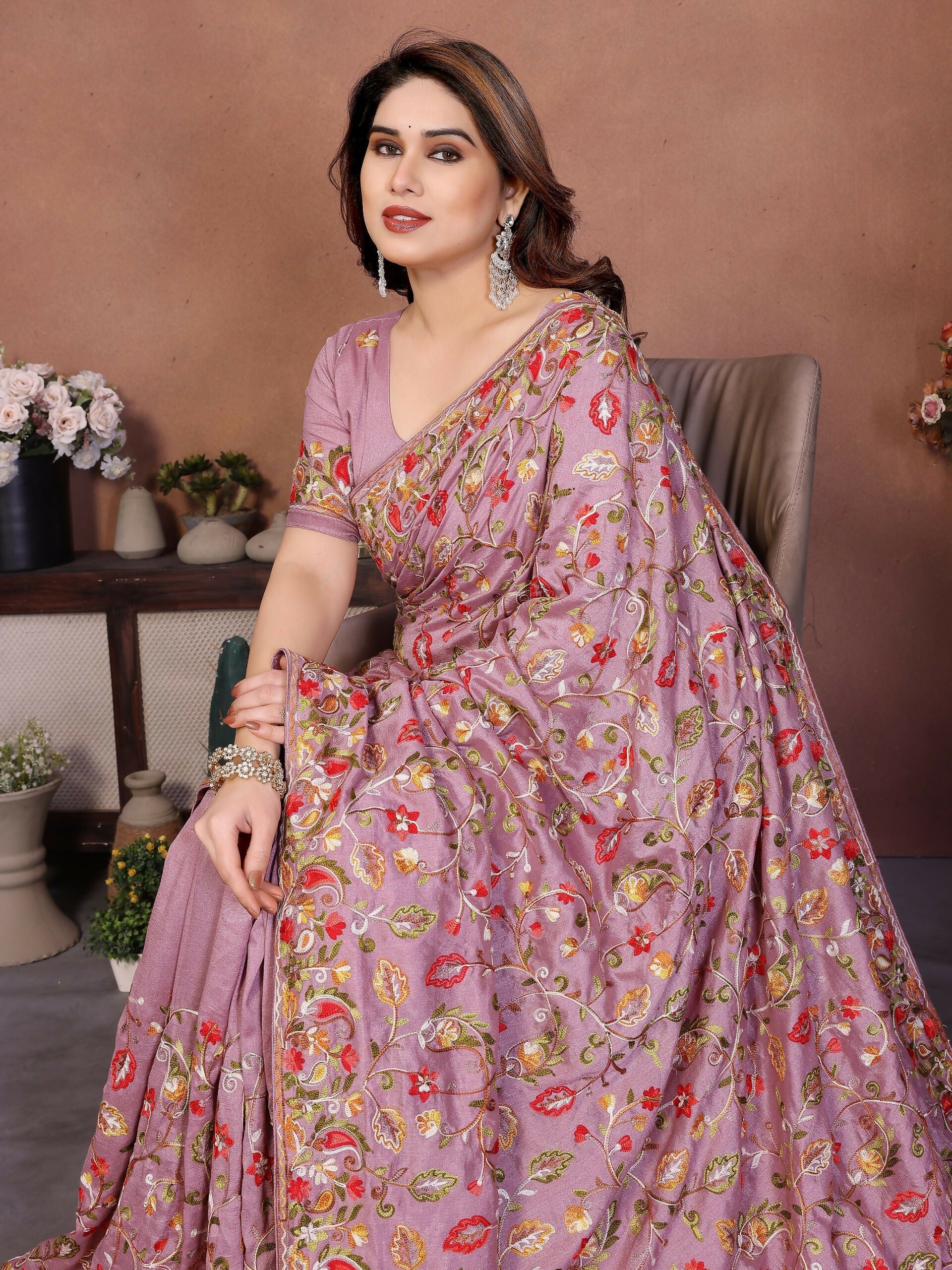 Teeya Creation New Latest Party Wear Lucknowi Soft Silk Saree-Beige