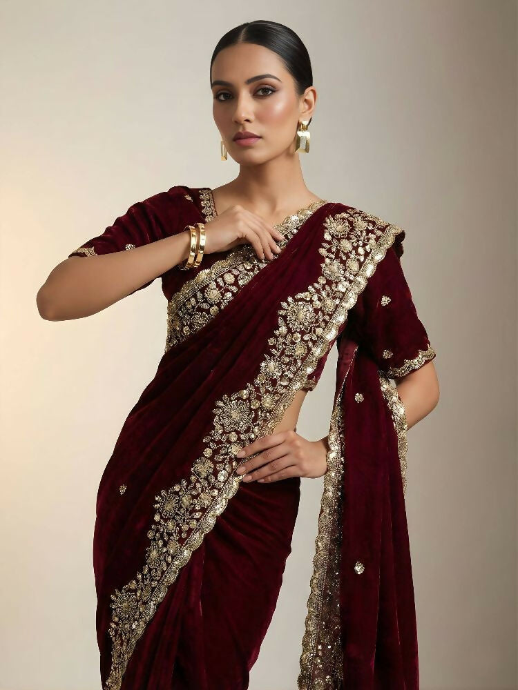 Joban Fashion Maroon Fandy Satin Silk Party Wear Sarees