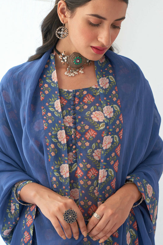 Designer Stylish Blue Muslin Stitched Suit With Dupatta - Anbazaar - Grab2buy
