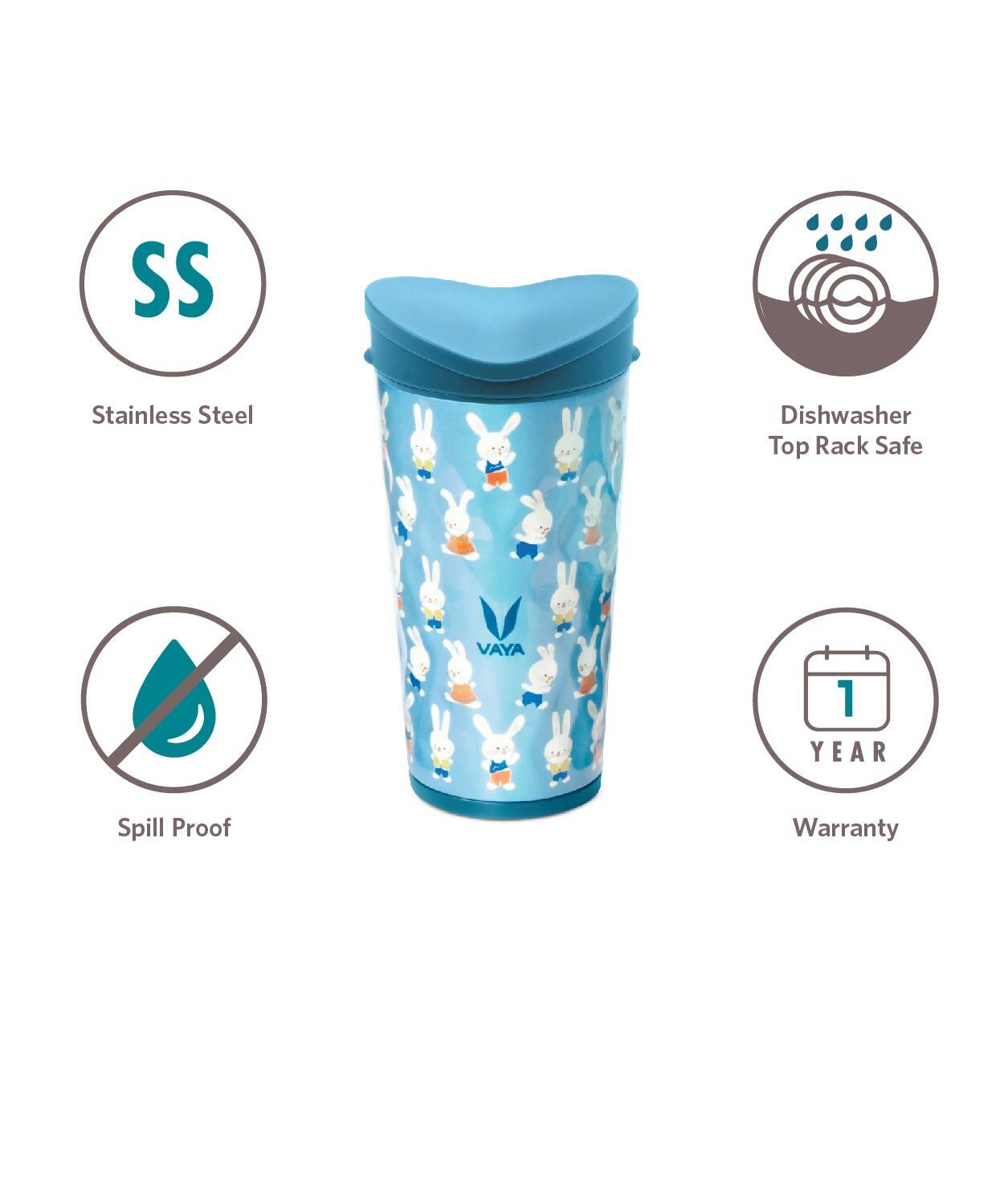 Vaya Drynk Stainless Steel Strawless Silicone Bunnies Print Spout Tumbler With Spill-Proof Pediasafe Lid - 350ml (Blue) 