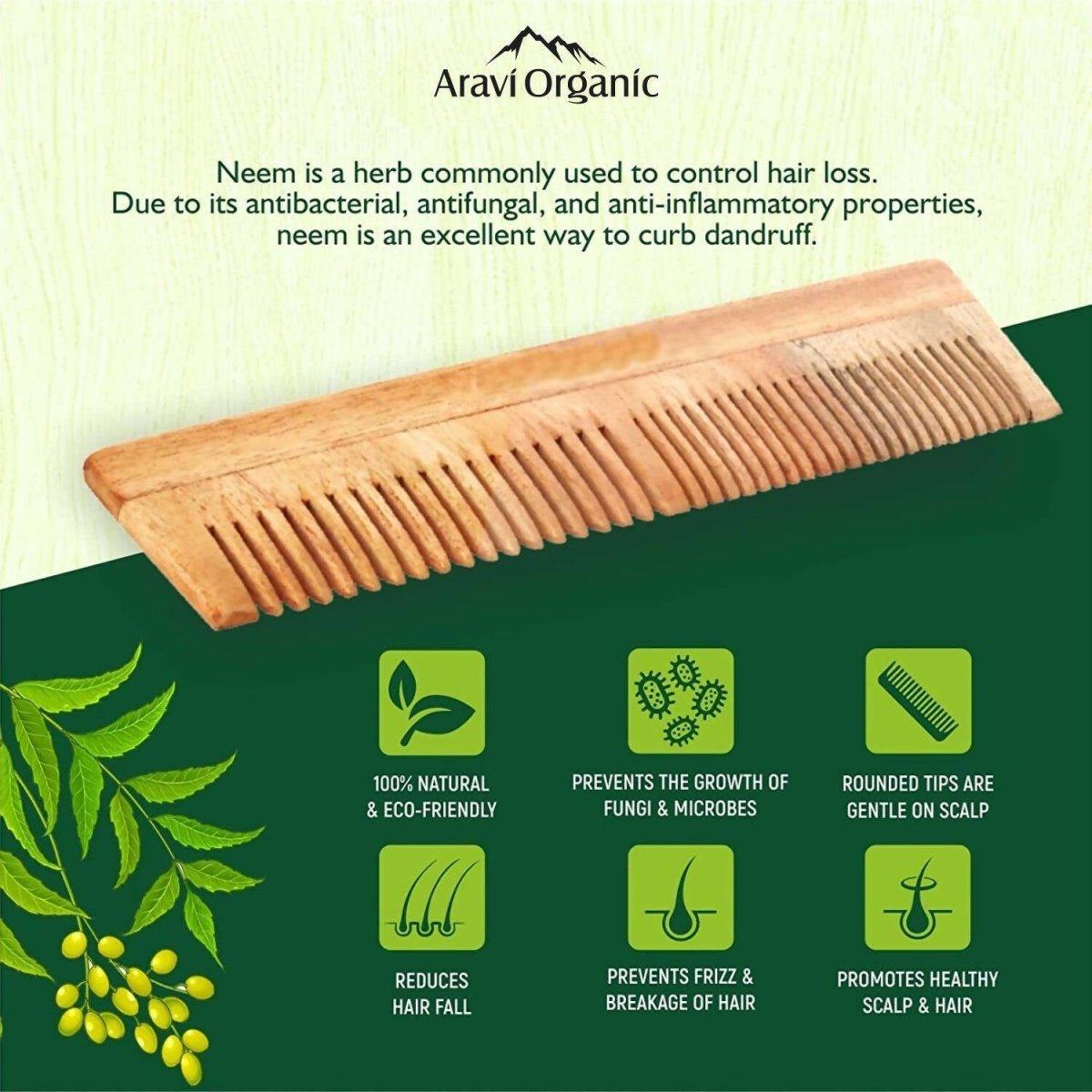 Aravi Organic Neem Wood Comb Fine and Wide Tooth 