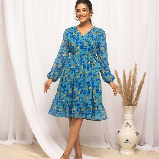 FIORRA Women's Navy Blue Georgette Floral Printed Western Dress 