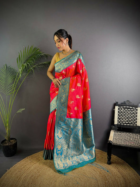 Joban Fashion Banarasi Hot Pink Woven Butti Soft Silk Saree | Swadesiicart