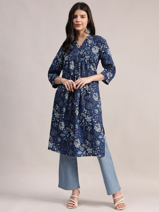 Aavyora Women's Navy Blue Floral Printed Cotton A-Line Kurta with Pintuck Detailing | Grab2Buy