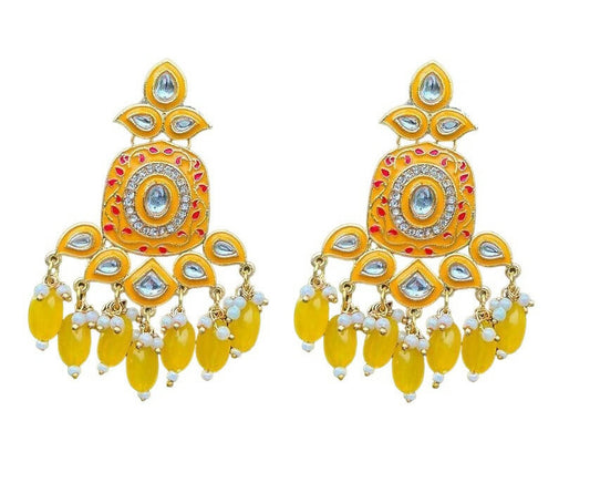 Gold-Toned Yellow Kundan Contemporary Drop Earrings for Women & Girls By House of Ree - Grab2buy