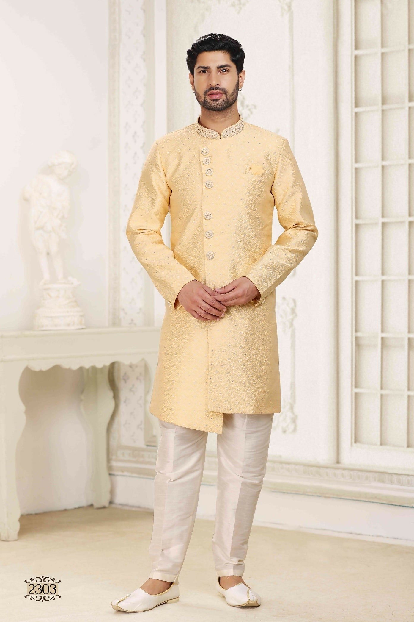 Raivat Ethnic Banarasi Jacquard Embroidery Semi Indo Western Sherwani In Yellow Colour | Swadesiicart