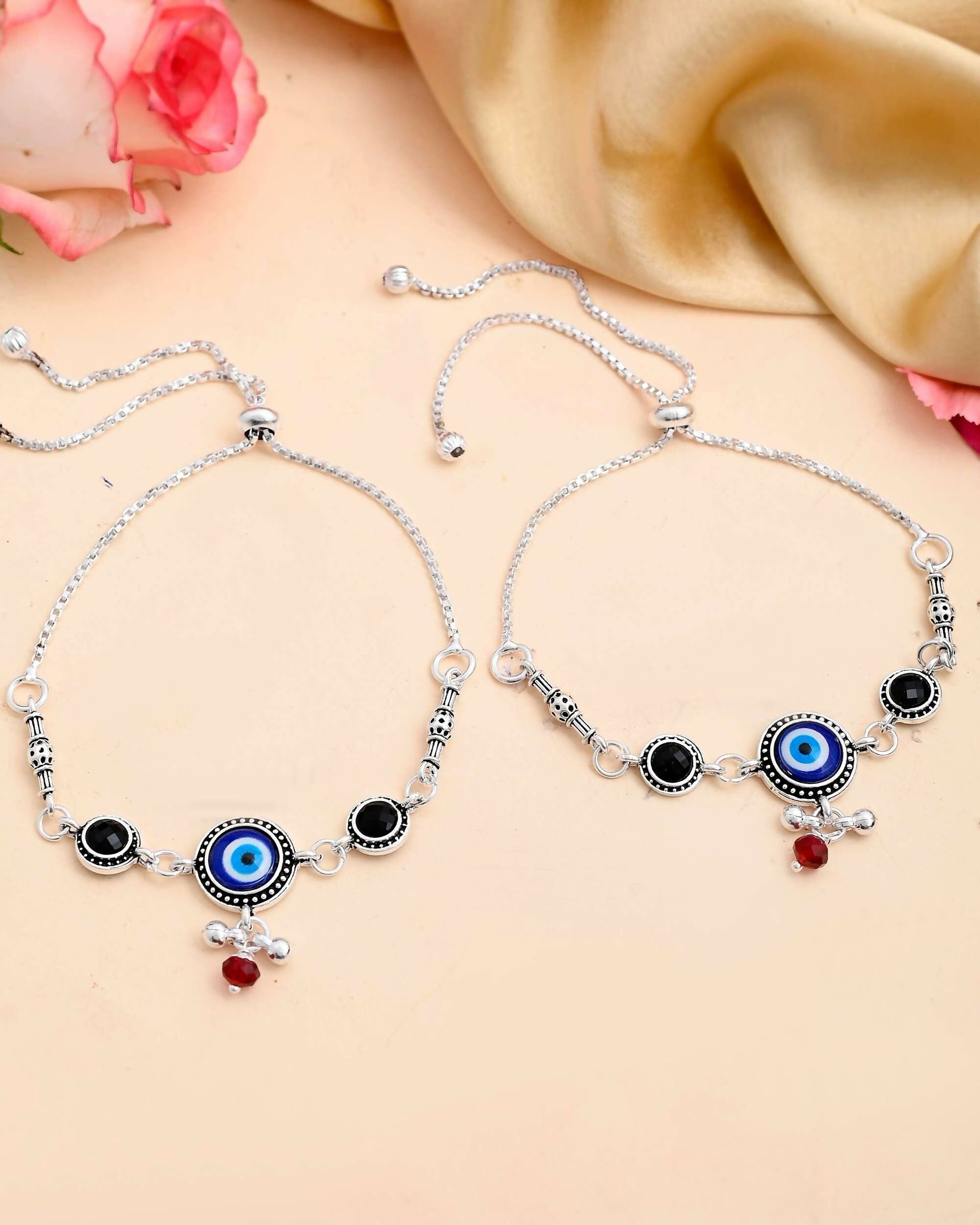 VOJ Set of 2 Silver Plated Evil Eye HandCrafted Adjustable Anklet 