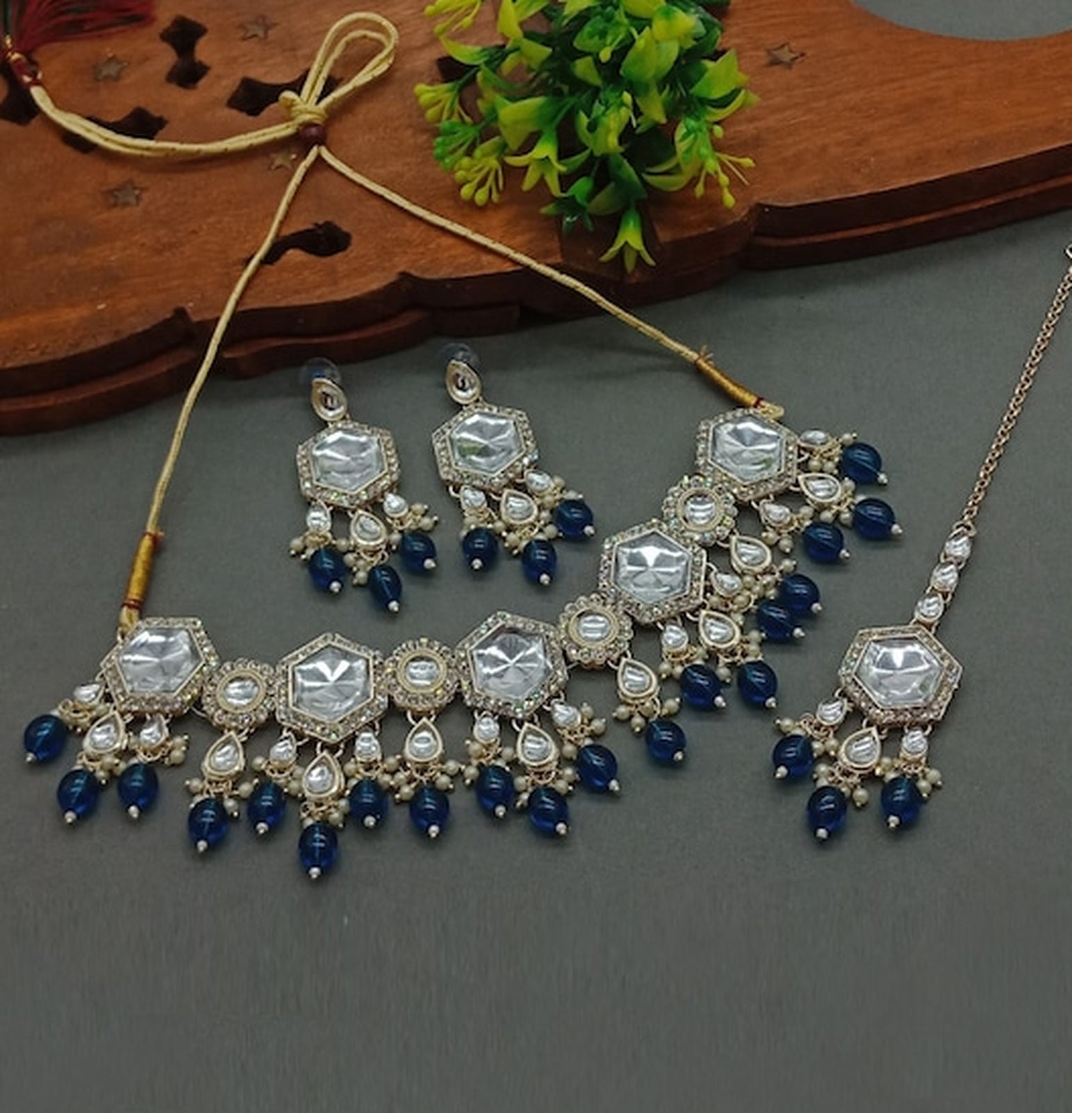 Jewel City Elegant Kundan-Style Blue and White Necklace, Earrings, and Tikka Set | Grab2Buy