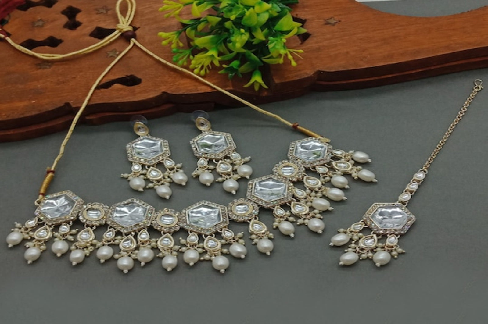 Jewel City Elegant Kundan-Style White and White Necklace, Earrings, and Tikka Set | Grab2Buy