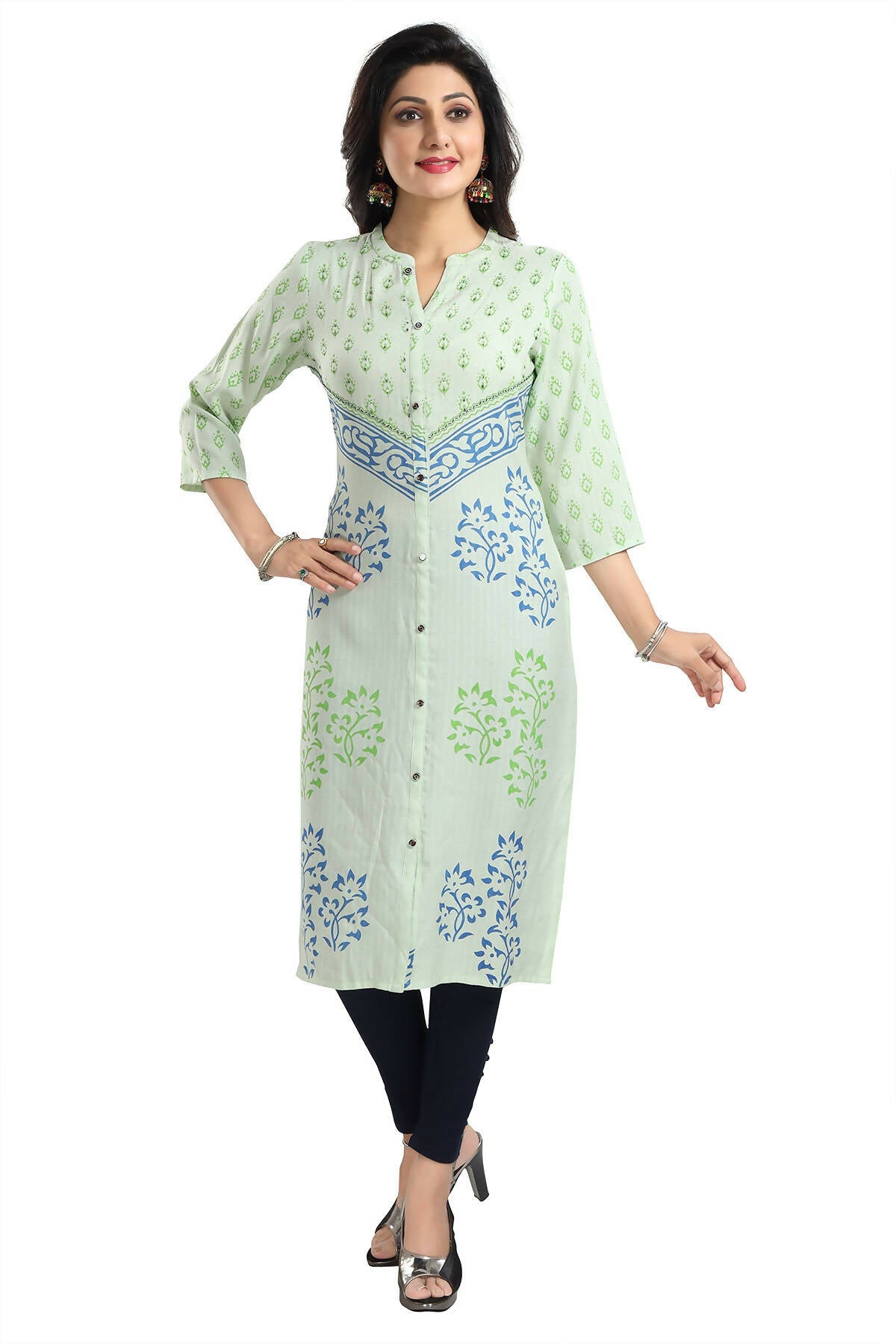 Snehal Creations Green Rayon Textured Print Long Kurta For Women