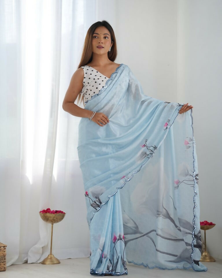 Sky Blue Chinon Designer Digital Printed & Mirror Cut Work Saree - Kriti