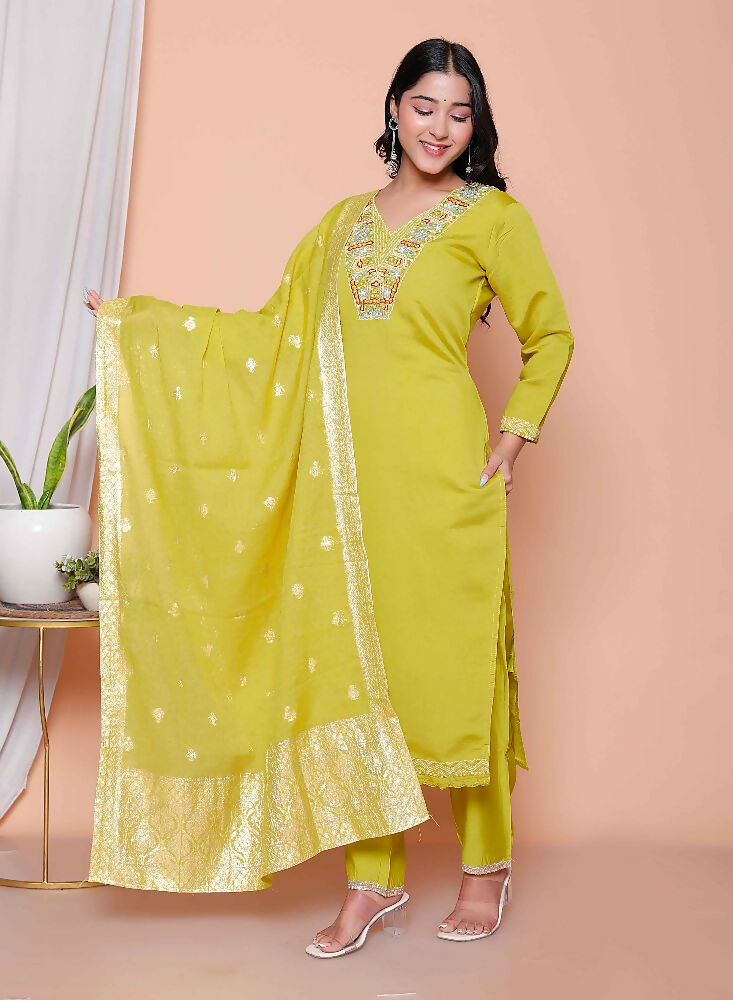 Miravan Womens Muslin Yellow Kurta And Palazzo With Dupatta Set