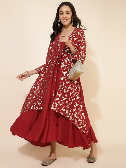 Janasya Women's Red Georgette Foil Printed Festive Flared Dress Set 
