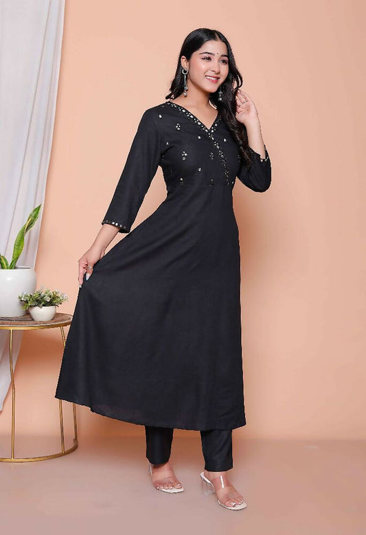 Miravan Womens Black Mirror Work Angrakha Kurta And Palazzo Set