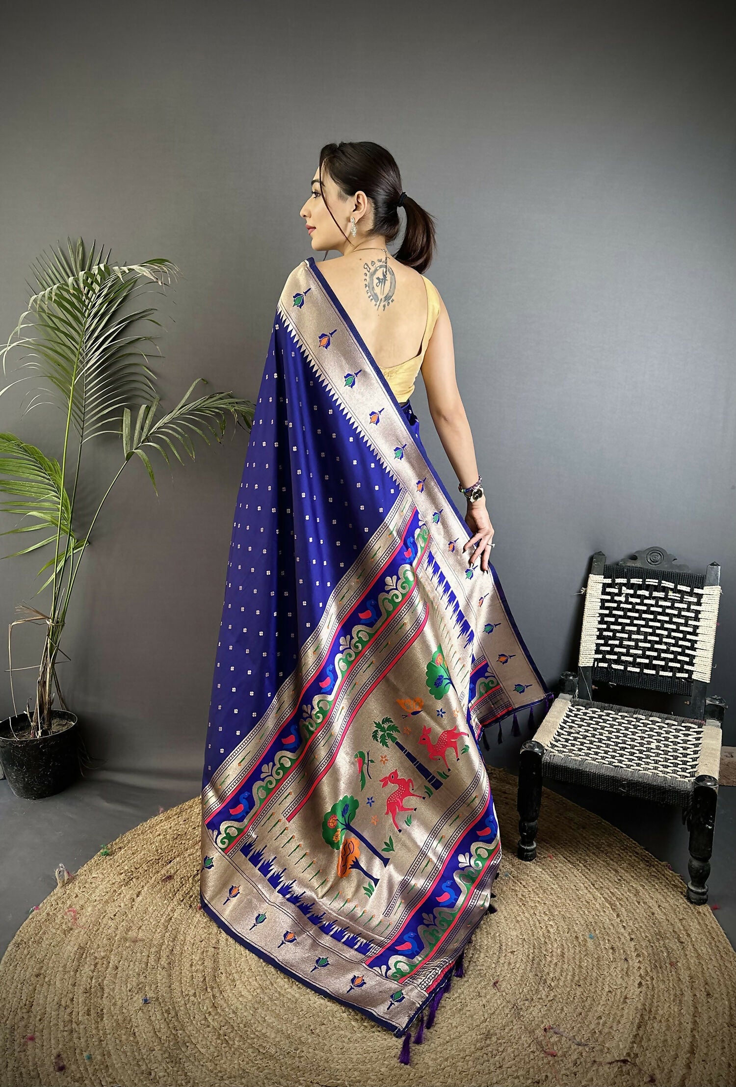 Joban Fashion Royal Blue Peacock & Floral Motifs Soft Lichi Silk Kanchipuram Saree