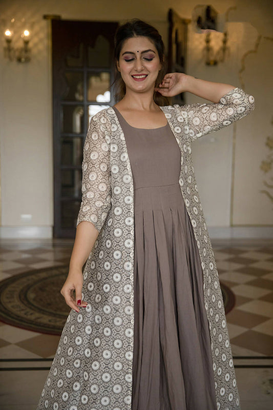 Partywear Designer Digital print Grey Maslin Gown - Anbazaar - Grab2buy
