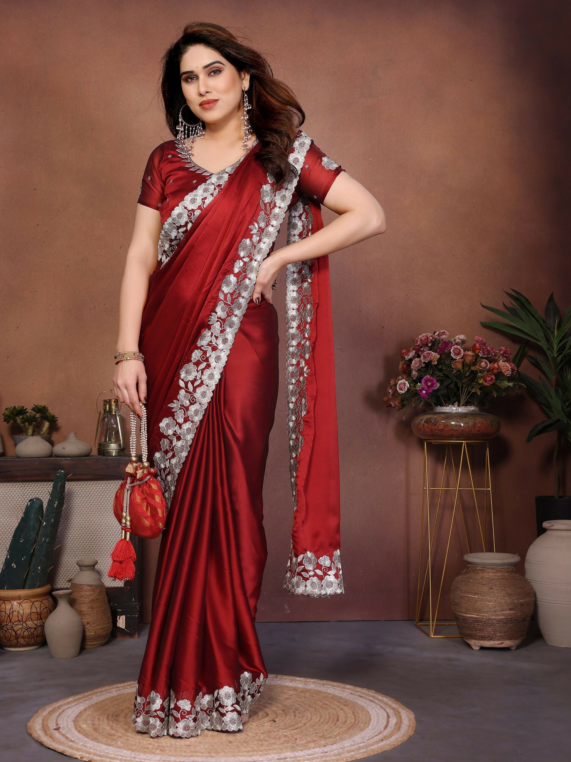 Teeya Creation New Trendy Stylish Party Wear Silk Saree-Red
