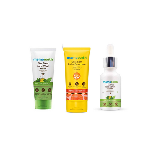 Mamaearth Tea Tree Face Serum + Face Wash + Ultra Light Indian Sunscreen Combo - Distacart