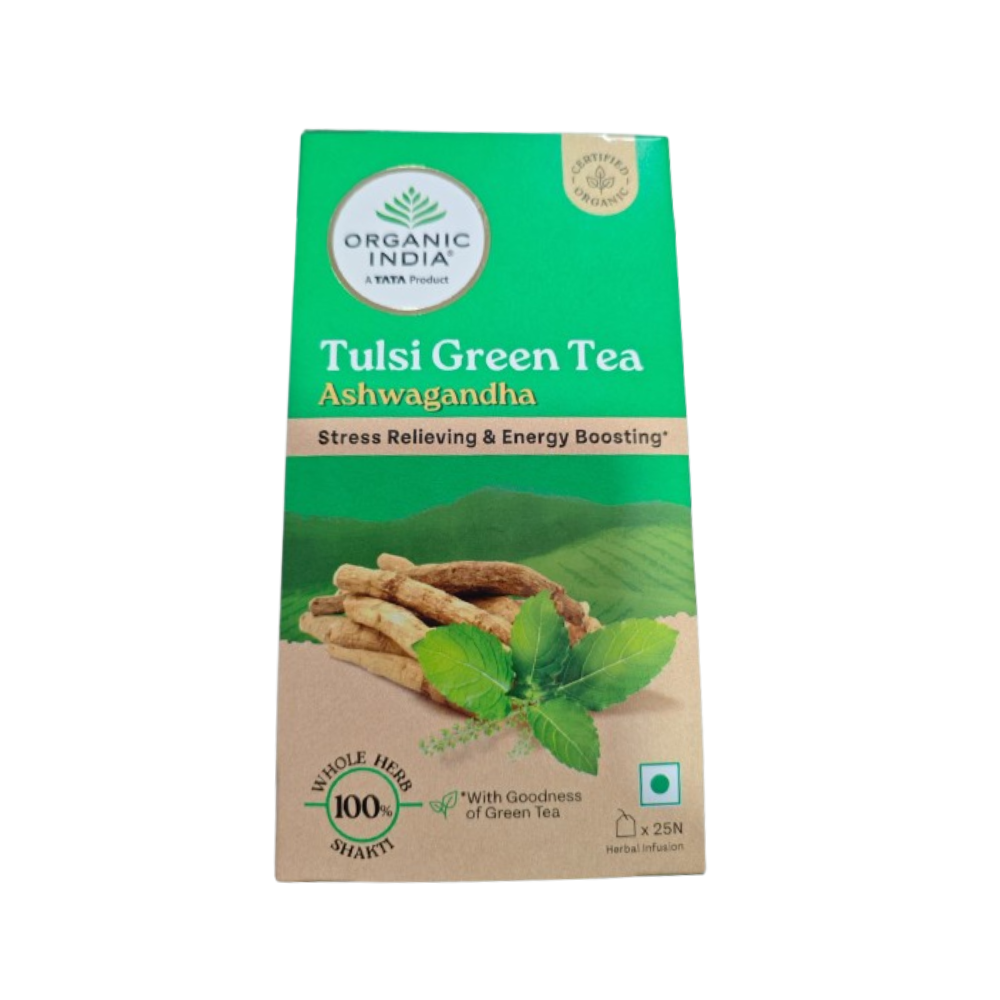 Organic India Tulsi Green Tea Ashwagandha - Herbal Sleep Tea, Caffine Free 
