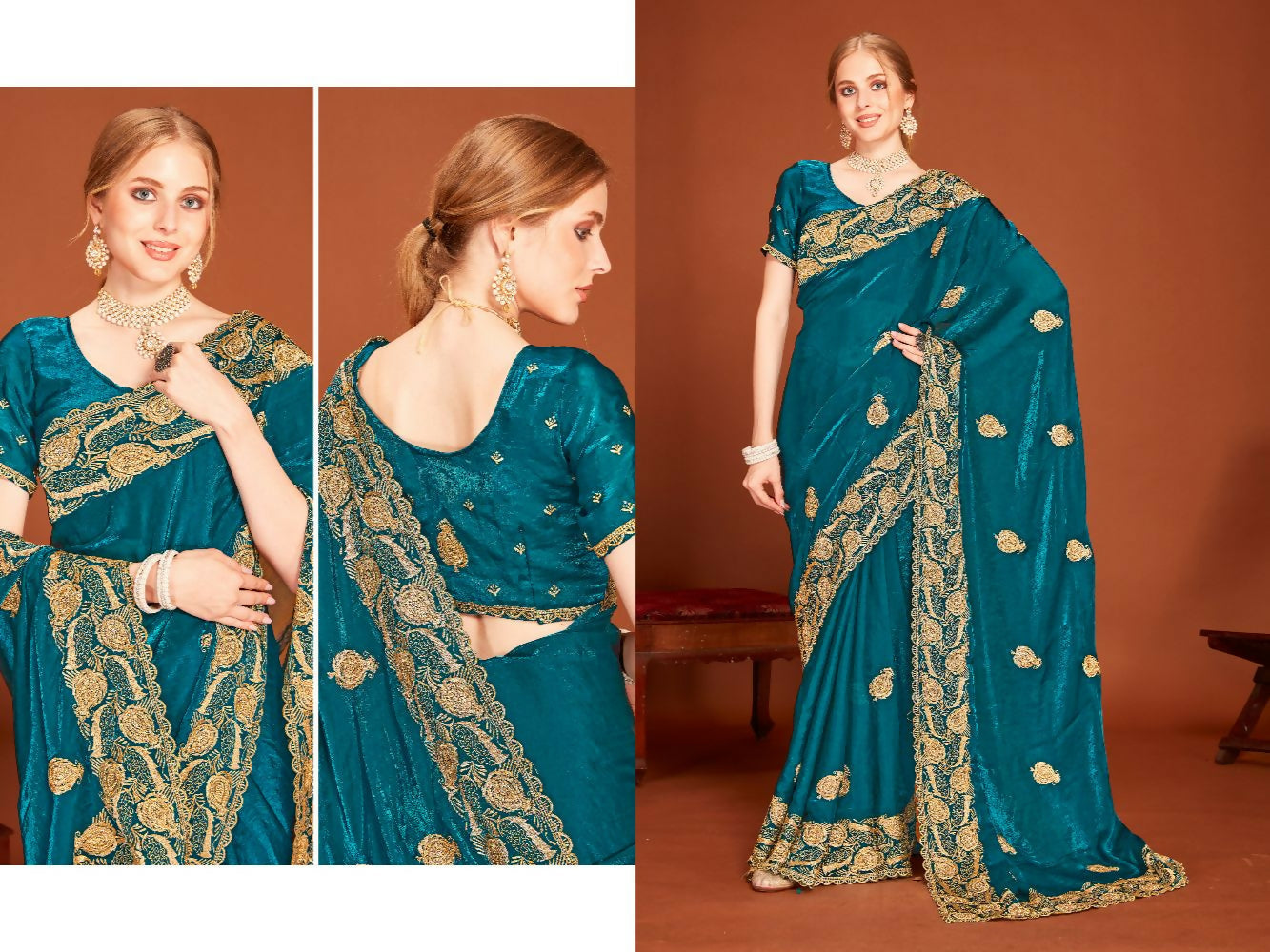 PR Fashion Morpeth Fendi Two Tone Silk Heavy Zari Embroidery Work With Zircon Work Saree