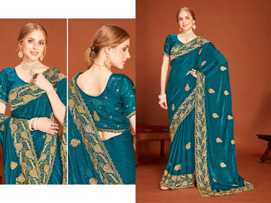 PR Fashion Morpeth Fendi Two Tone Silk Heavy Zari Embroidery Work With Zircon Work Saree