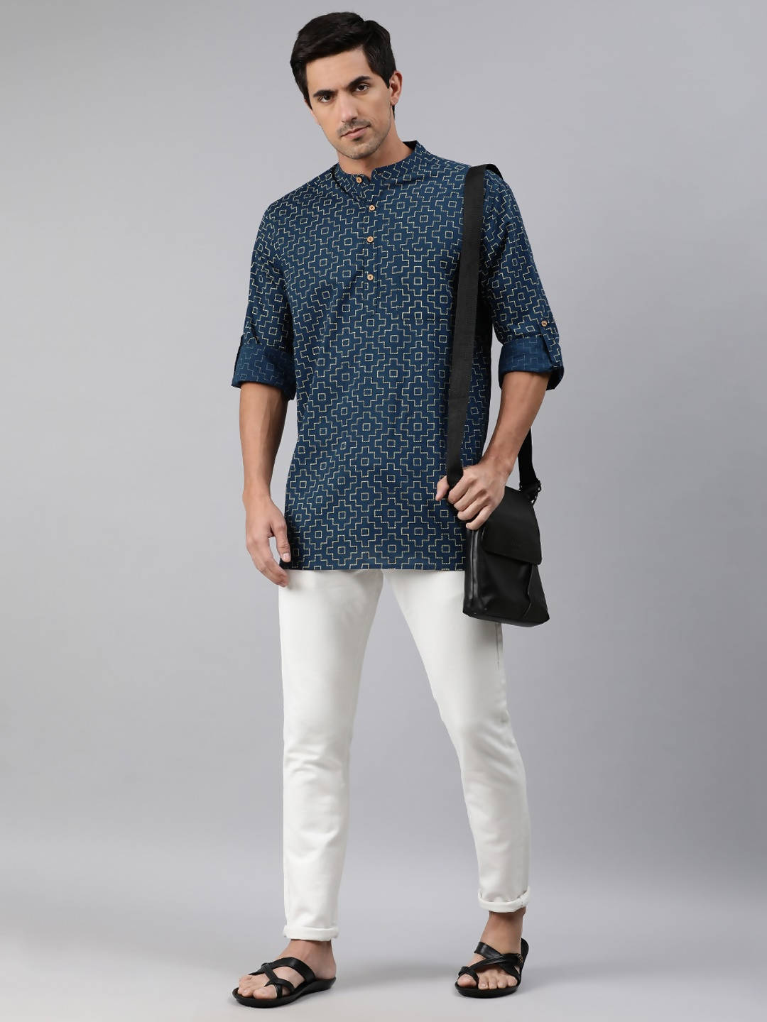 Janasya Men Navy Blue & Yellow Geometric Printed Kurta