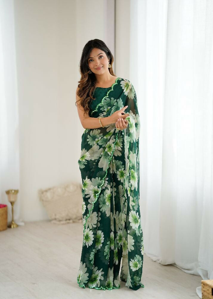 PR Fashion Green Georgette Printed With Mirror Work Saree