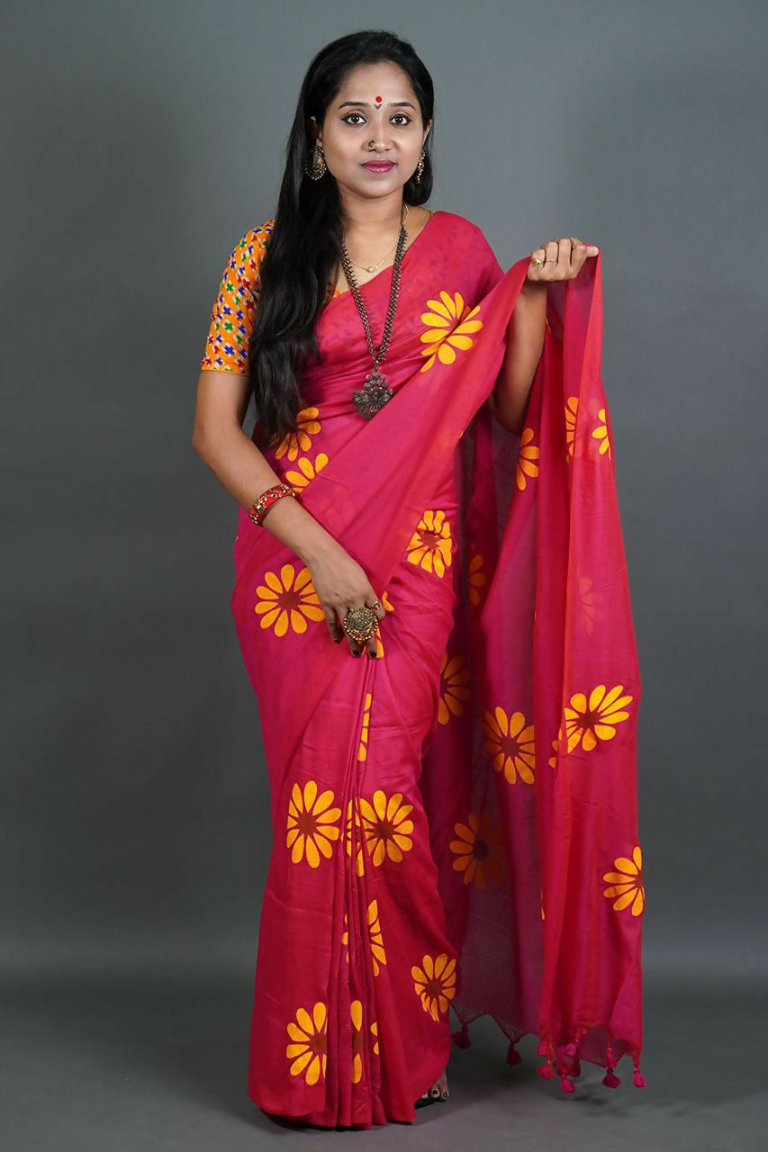 Exclusive Collection Red Pure Cotton Grab2Buy With Sunflower Design 