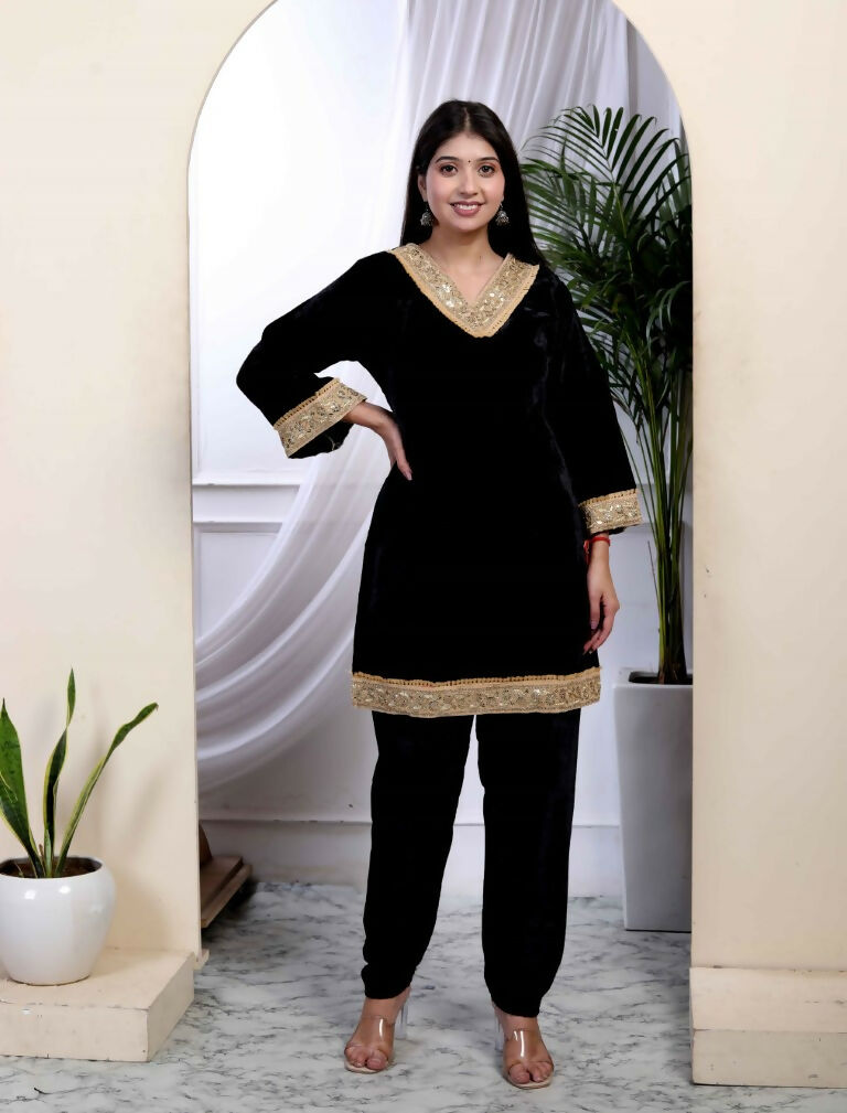 Miravan Women's Black Velvet Dreams Embroidered Co-ord Set 