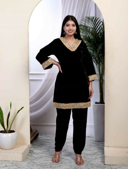 Miravan Women's Black Velvet Dreams Embroidered Co-ord Set 
