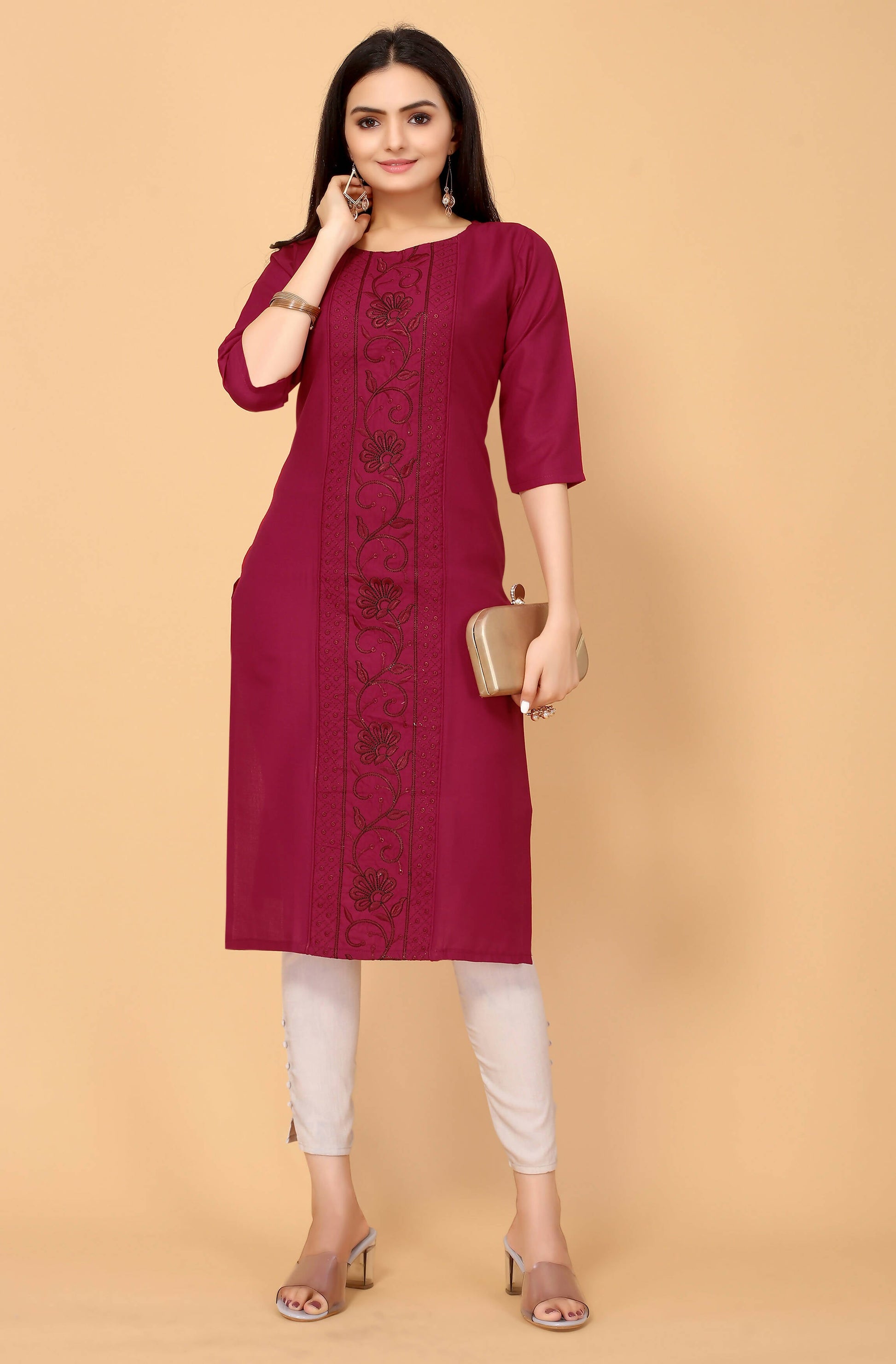 Maroon Cottan Slub Embroidery Kurti - Umi
