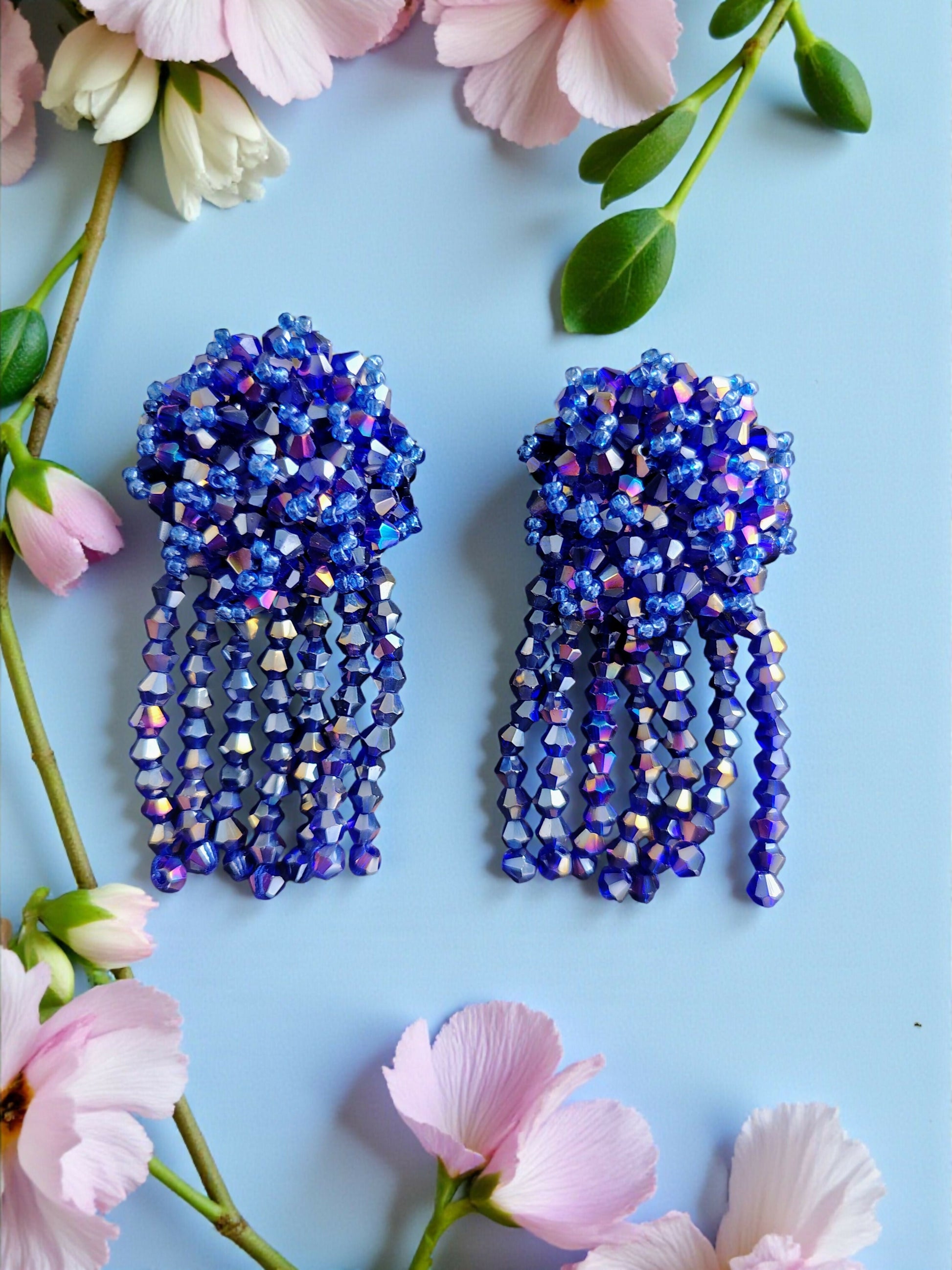Inhanns Handmade Crystal Water Fall Earrings - Short - Blue Small