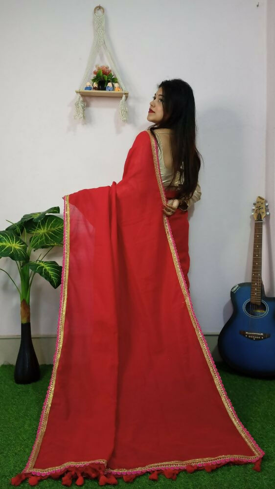 Exclusive Collection Beautiful Khadi Cotton Handloom Grab2Buy With Beautiful Zari Border - Red 