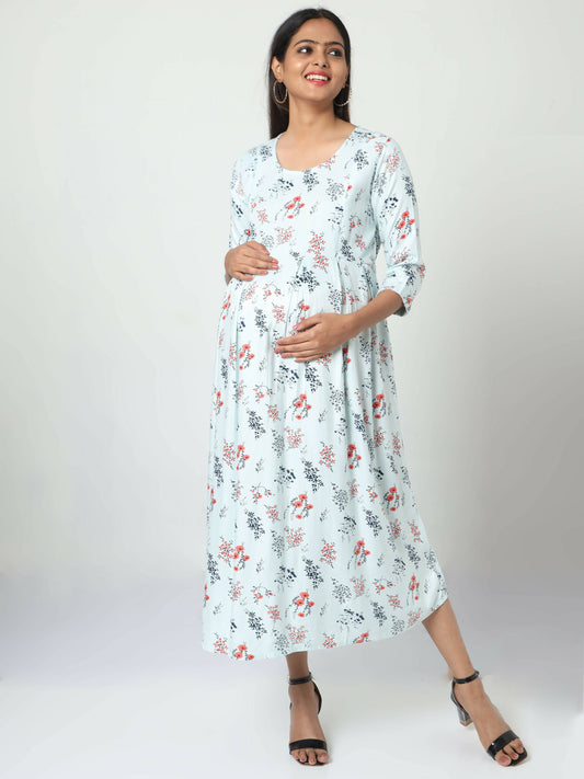 Manet Three Fourth Maternity Dress Floral Print With Concealed Zipper Nursing Access - Pista Green