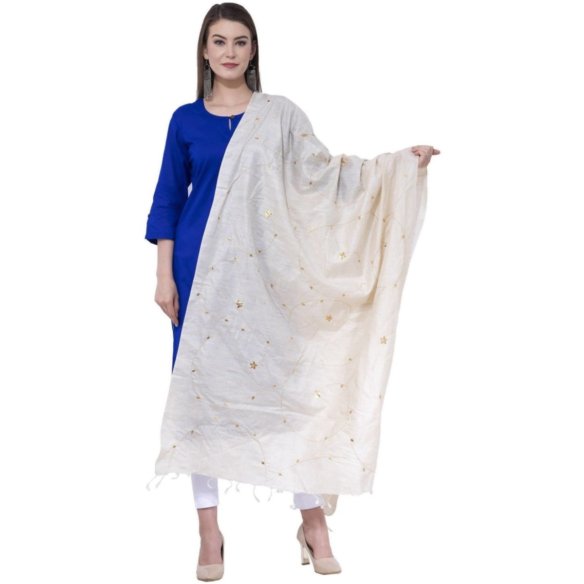 A R Silk Women's Zari Embroidery Pure Tussar Silk Light Golden Dupatta | Grab2Buy