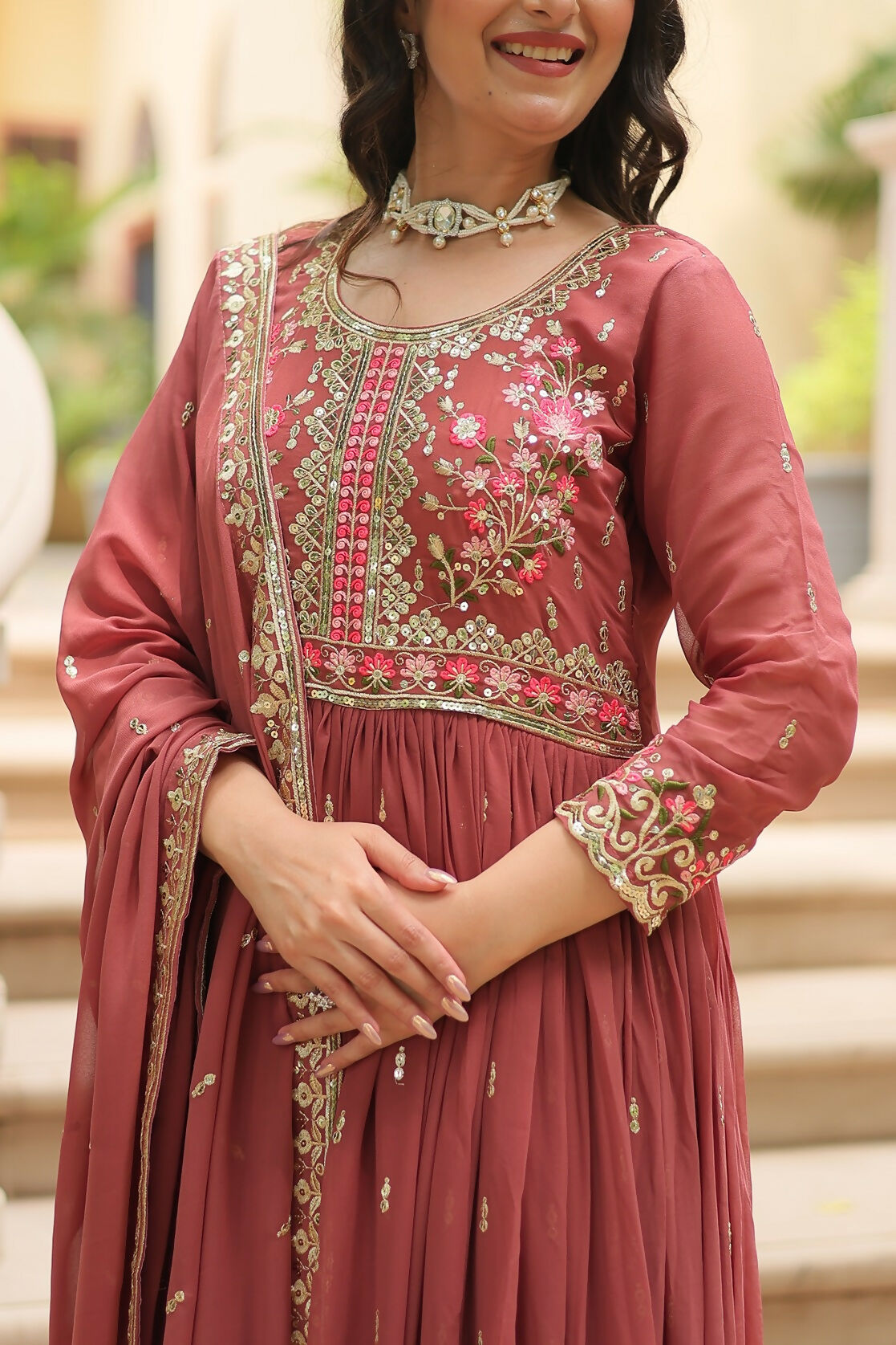 Joban Fashion Coffee Georgette Sequence Embroidery Work Kurta Set