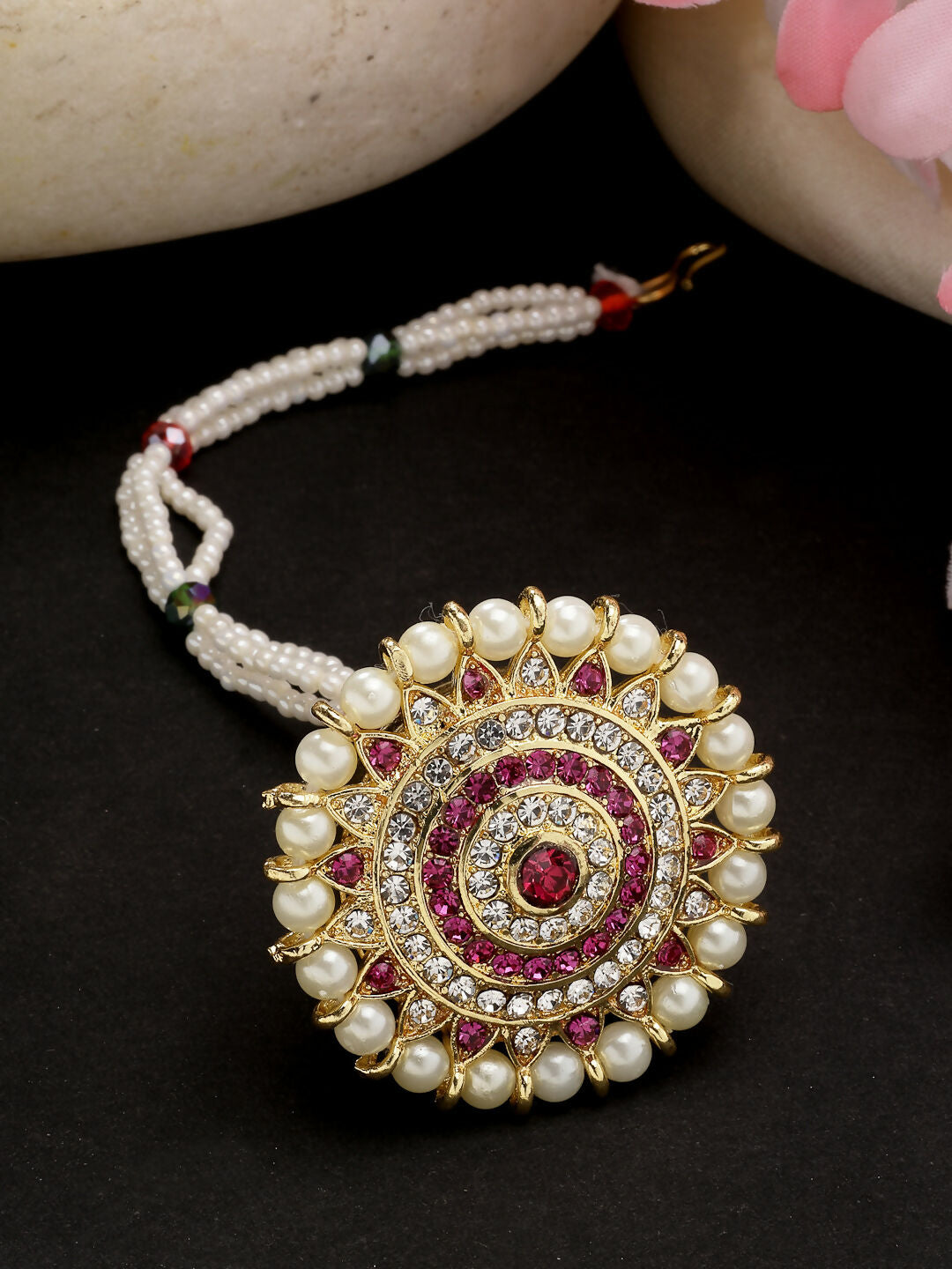 NVR Women's Gold-Polished CZ Stone-Studded Borla Maang Tikka
