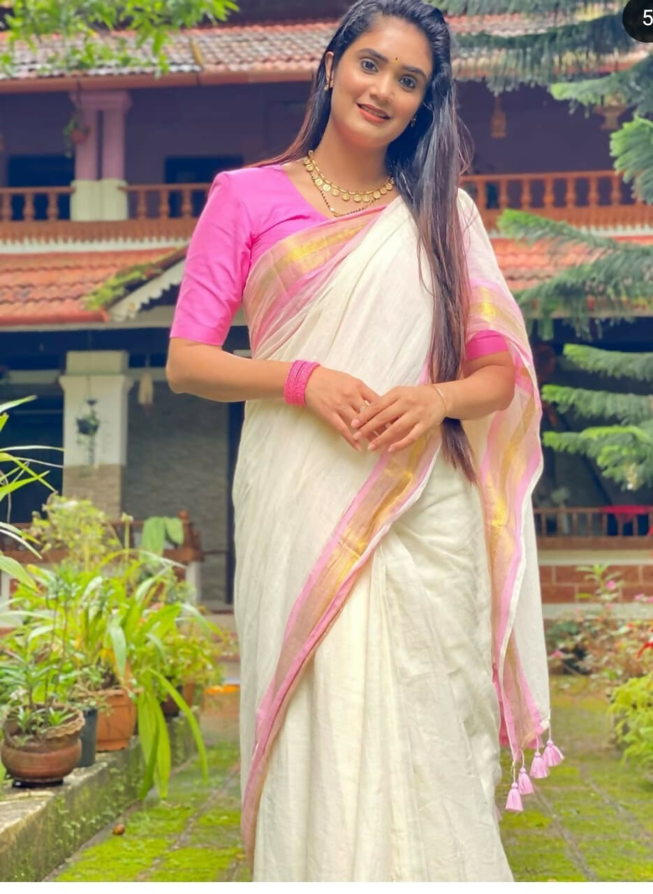 Exclusive Collection Beautiful White Pink Pure Cotton Hand Weaving Handloom Grab2Buy With Running Blouse Piece 